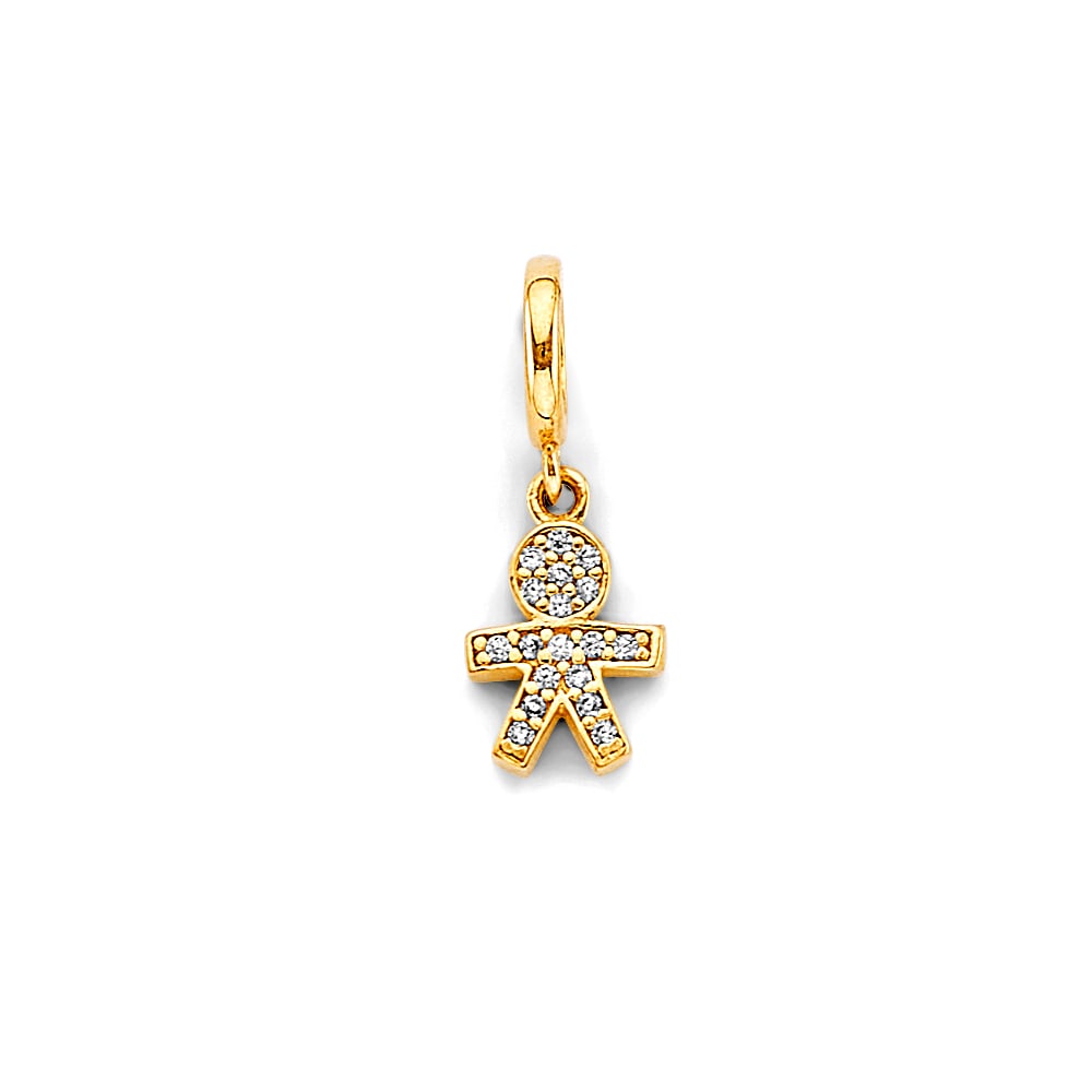 14K 2T CZ BOY CHARM FOR MIX&MATCH BRACELET: 14K 2T CZ Boy Charm for Mix&Match Bracelet Type: Pendant Material Type: 14k Gold Material Color: Two Tone Avg. Weight: 0.98 Gr. Size: Height : 20 mm, Width : 7 mm Accessories: None Notice: