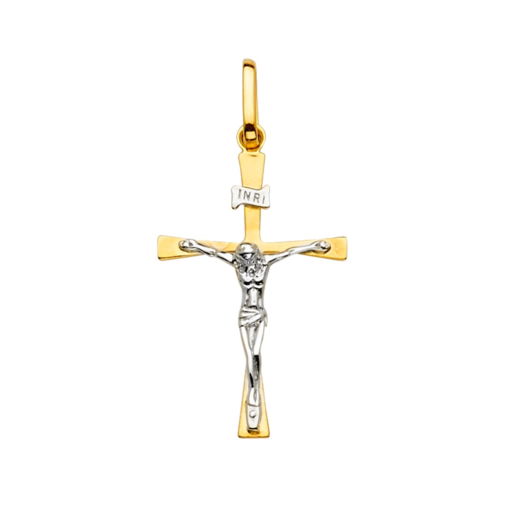 14K 2T CRUCUFIX CROSS PENDANT: 14K 2T Crucufix Cross Pendant Type: Pendant Material Type: 14k Gold Material Color: Two Tone Avg. Weight: 1.08 Gr. Size: Height : 35 mm,Width : 17 mm Accessories: None Notice: When purchas