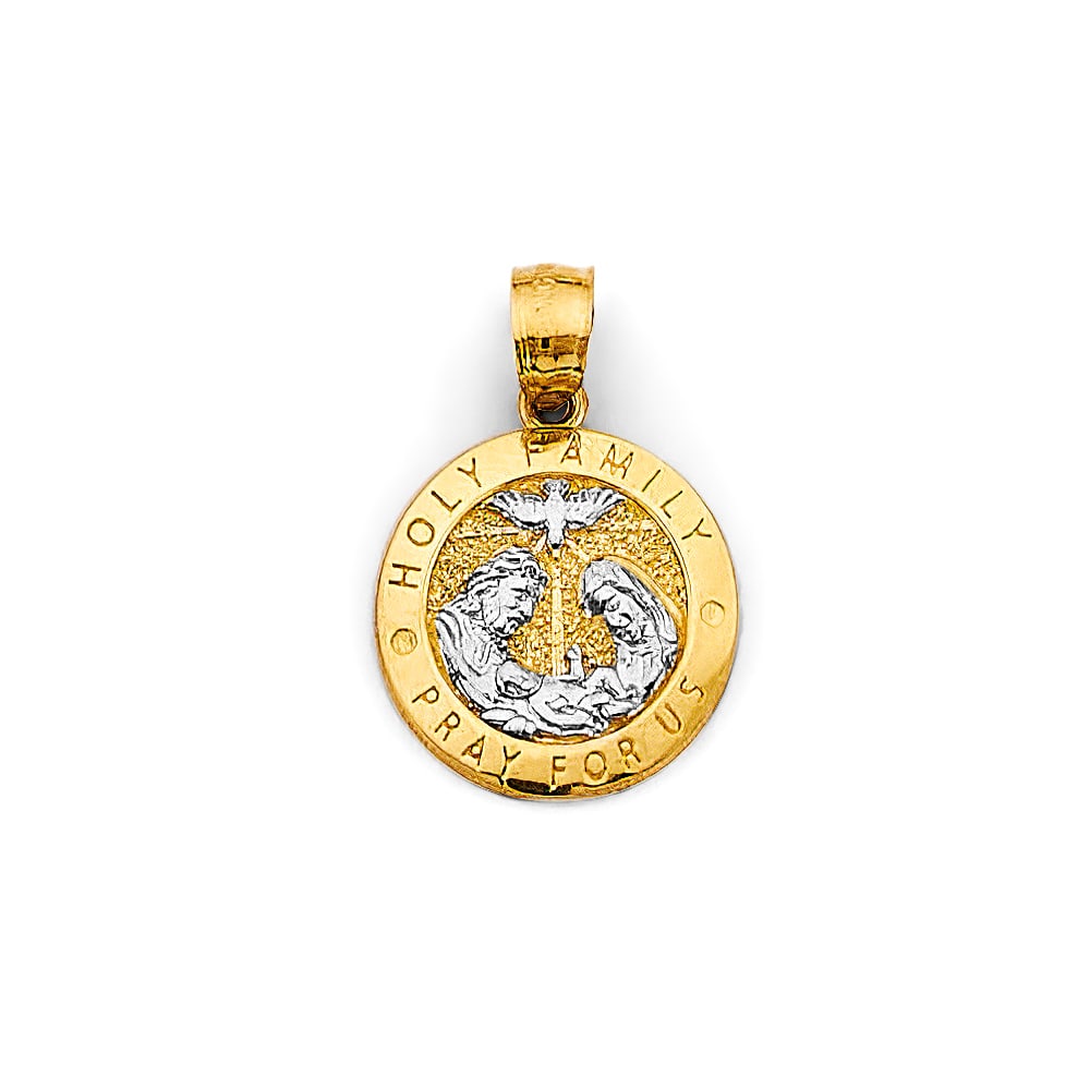 14K 2T ROUND HOLY FAMILY PENDANT: 14K 2T Round Holy Family Pendant Type: Pendant Material Type: 14k Gold Material Color: Two Tone Avg. Weight: 1.37 Gr. Size: Height : 20 mm, Width : 13 mm Accessories: None Notice: When pur