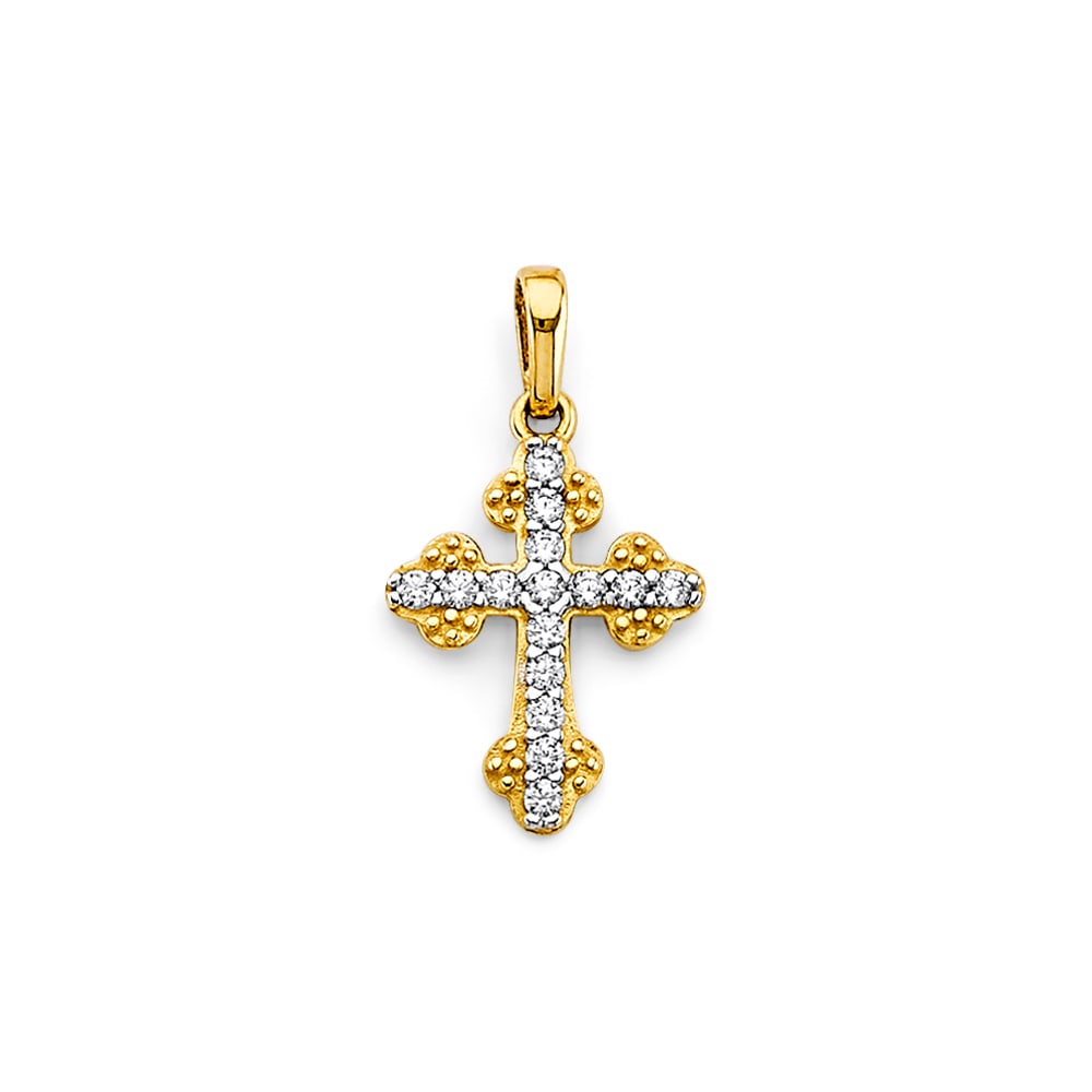 14K 2T CZ CROSS PENDANT: 14K 2T CZ Cross Pendant Type: Pendant Material Type: 14k Gold Material Color: Yellow Avg. Weight: 0.85 Gr. Size: Height : 22 mm, Width : 12 mm Accessories: None Notice: When purchasing pre