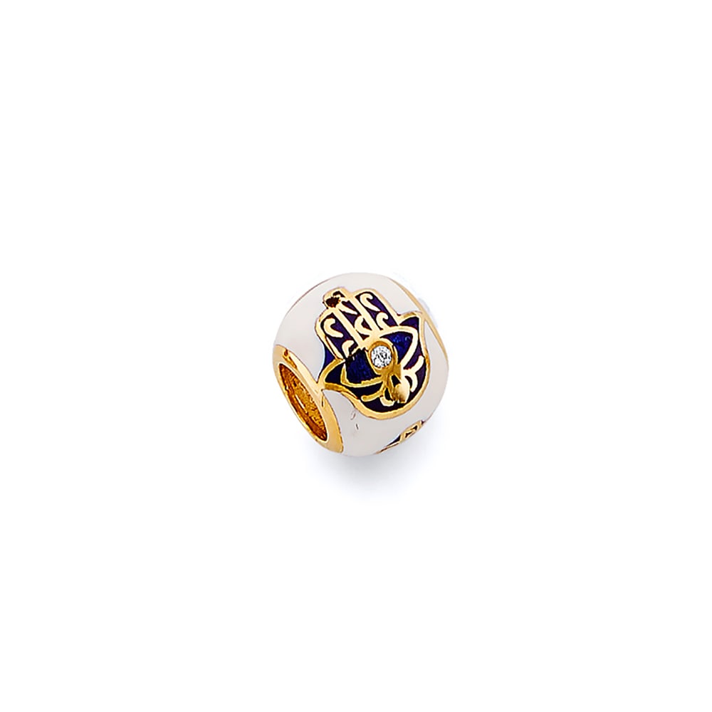 14KY ENAMEL HAMSA SLIDER: 14KY Enamel Hamsa Slider Type: Pendant Material Type: 14k Gold Material Color: Yellow Avg. Weight: 2.4 Gr. Size: Height : 10 mm, Width : 10 mm Accessories: None Notice: When purchasing pre