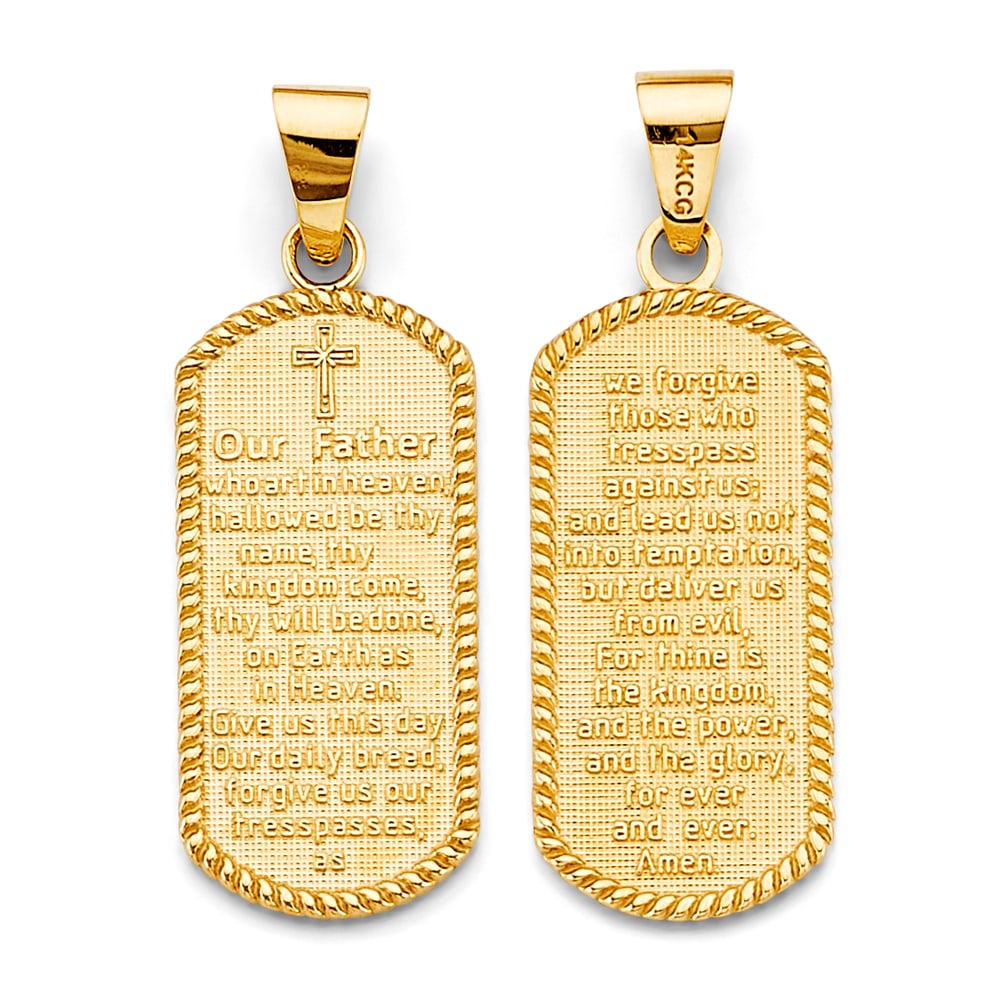 14KY LORD'S PRAYER IN ENGLISH PENDANT: 14KY Lord's Prayer in English Pendant Type: Pendant Material Type: 14k Gold Material Color: Yellow Avg. Weight: 3.35 Gr. Size: Height : 40 mm, Width : 13 mm Accessories: None Notice: When