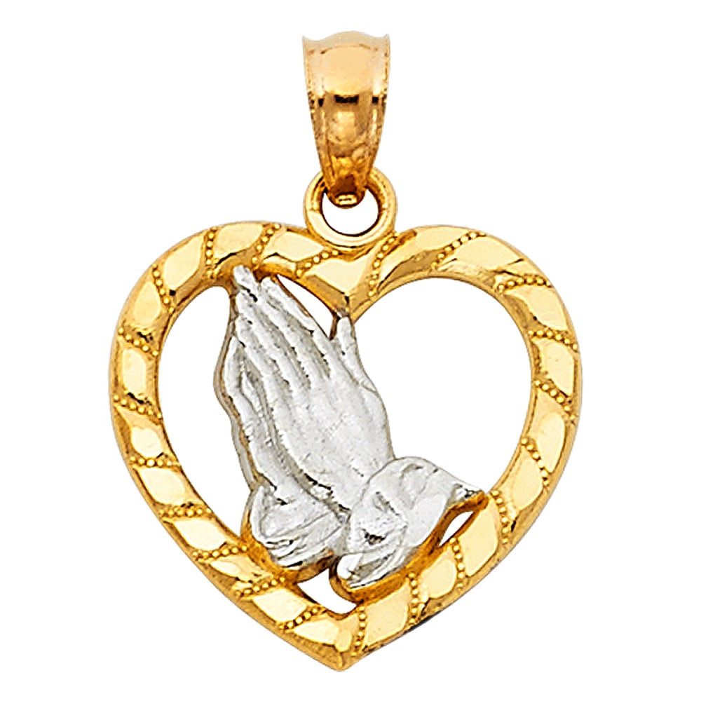 14K 2T PRAYING HANDS IN HEART PENDANT: 14K 2T Praying Hands in Heart Pendant Type: Pendant Material Type: 14k Gold Material Color: Two Tone Avg. Weight: 1.13 Gr. Size: Height : 15 mm,Width : 16 mm Accessories: None Notice: When