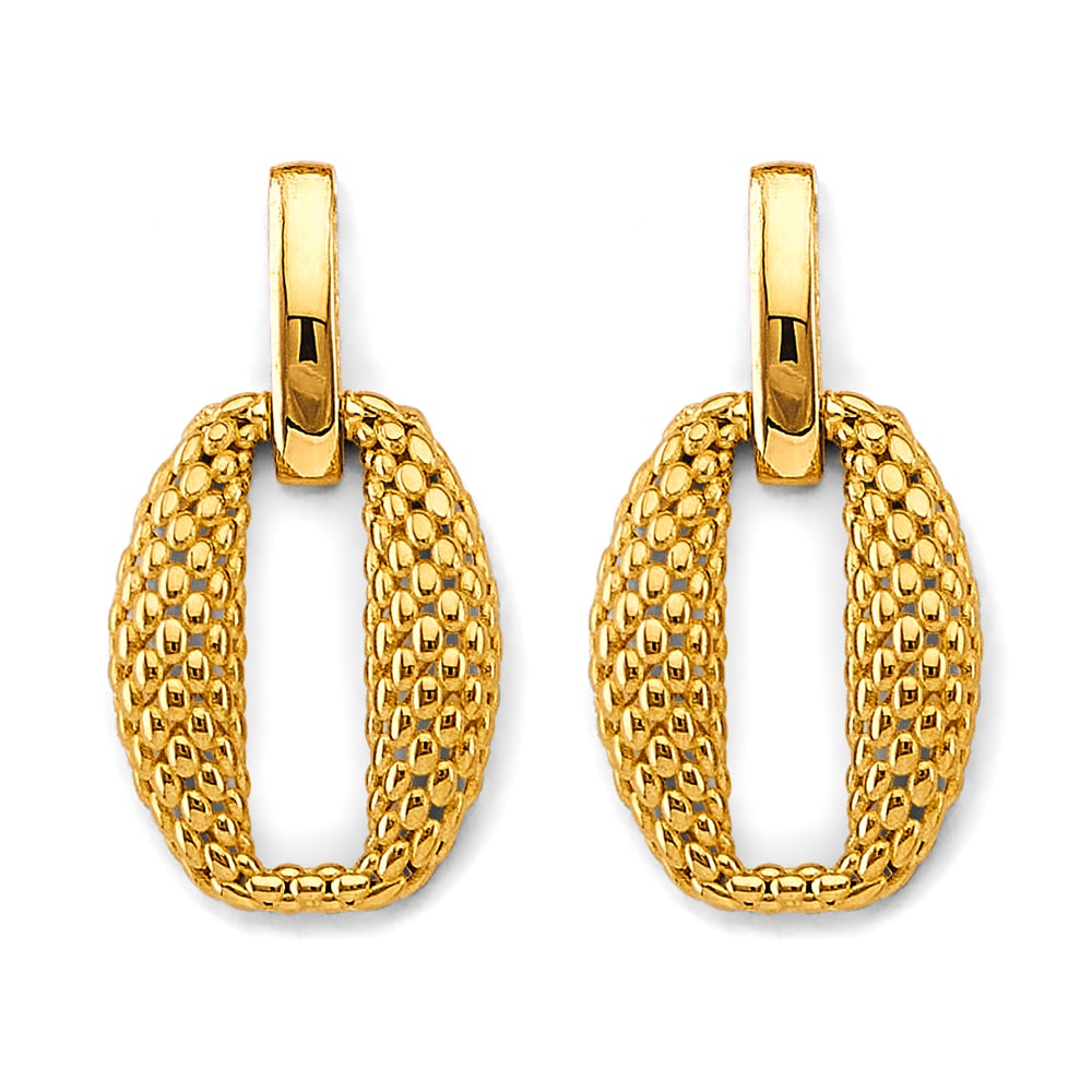14KY FANCY MESH DESIGN PENDANT: 14KY Fancy Mesh Design Pendant Type: Pendant Material Type: 14k Gold Material Color: Yellow Avg. Weight: 2.35 Gr. Size: Height : 33 mm, Width : 17 mm Accessories: None Notice: When purchas