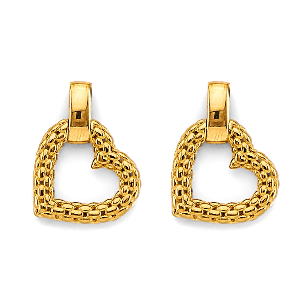 14KY FANCY HEART MESH DESIGN PENDANT: 14KY Fancy Heart Mesh Design Pendant Type: Pendant Material Type: 14k Gold Material Color: Yellow Avg. Weight: 1.18 Gr. Size: Height : 20 mm, Width : 15 mm Accessories: None Notice: When p