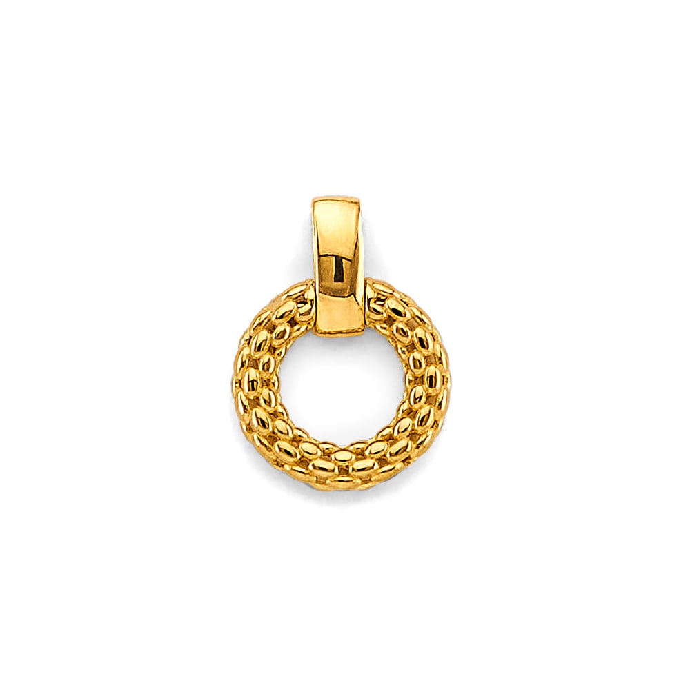 14KY FANCY ROUND MESH DESIGN PENDANT: 14KY Fancy Round Mesh Design Pendant Type: Pendant Material Type: 14k Gold Material Color: Yellow Avg. Weight: 0.95 Gr. Size: Height : 17 mm, Width : 13 mm Accessories: None Notice: When p