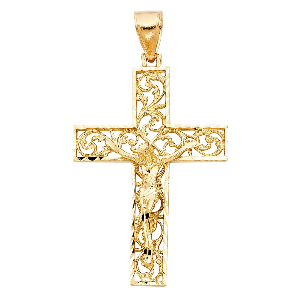 14KY FANCY CRUCUFIX PENDANT: 14KY Fancy Crucufix Pendant Type: Pendant Material Type: 14k Gold Material Color: Yellow Avg. Weight: 7.27 Gr. Size: Height : 51 mm Width : 36 mm Accessories: None Notice: When purchasing