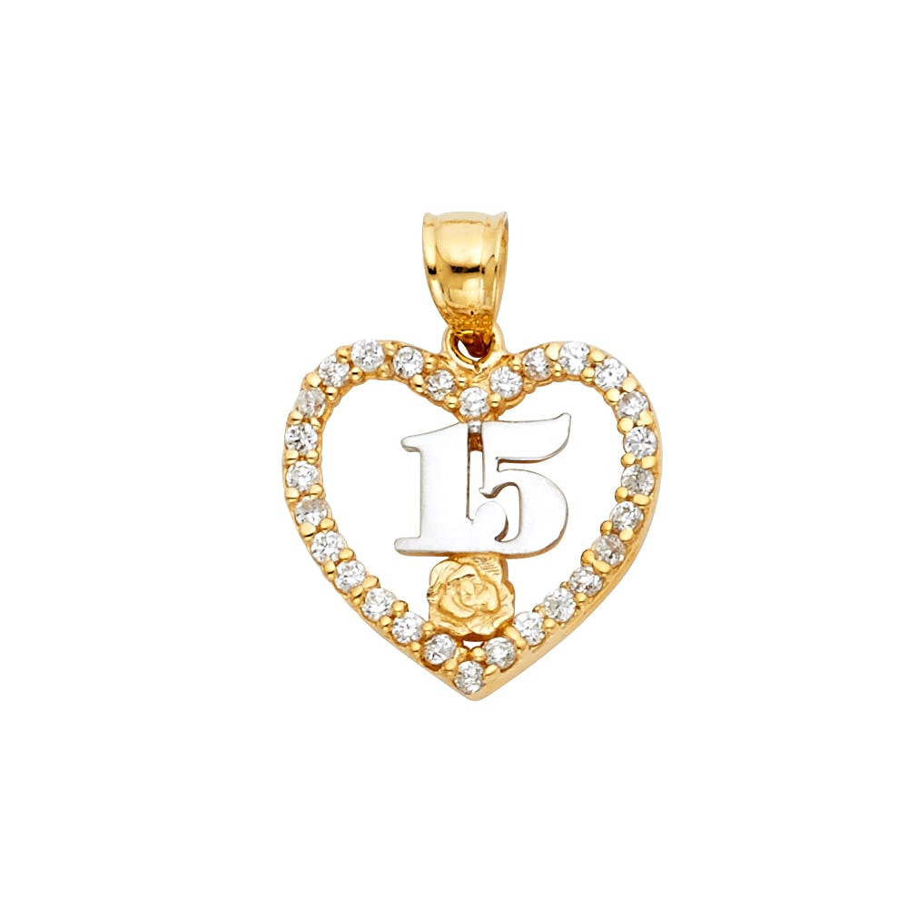 14K 2T CZ 15 YEARS HEART PENDANT: 14K 2T CZ 15 Years Heart Pendant Type: Pendant Material Type: 14k Gold Material Color: Two Tone Avg. Weight: 1.73 Gr. Size: Height : 17 mm,Width : 17 mm Accessories: None Notice: When purc