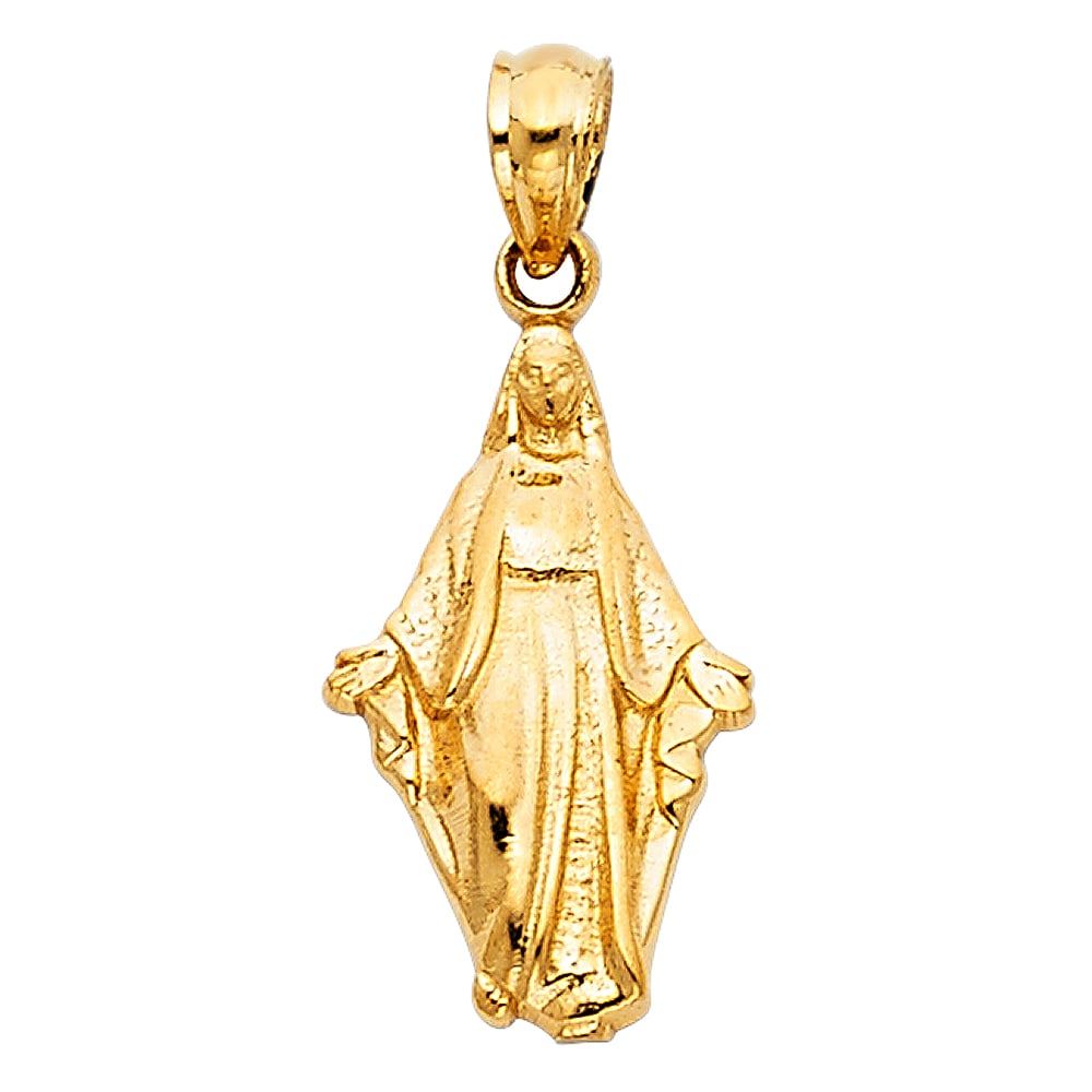 14KY MILAGROSA PENDANT: 14KY Milagrosa Pendant Type: Pendant Material Type: 14k Gold Material Color: Yellow Avg. Weight: 0.83 Gr. Size: Height : 18 mm,Width : 11 mm Accessories: None Notice: When purchasing pre-o