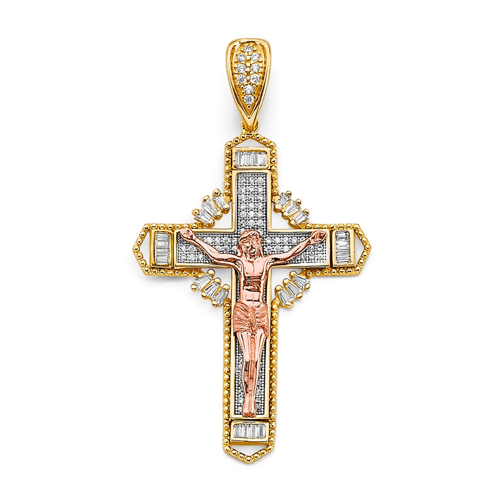 14K 3C CZ CRUCUFIX CROSS PENDANT: 14K 3C CZ Crucufix Cross Pendant Type: Pendant Material Type: 14k Gold Material Color: Tri Color Avg. Weight: 6.31 Gr. Size: Height : 55 mm, Width : 30 mm Accessories: None Notice: When pu