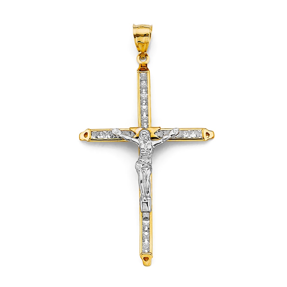 14K 2T CZ CRUCUFIX CROSS PENDANT: 14K 2T CZ Crucufix Cross Pendant Type: Pendant Material Type: 14k Gold Material Color: Two Tone Avg. Weight: 2.26 Gr. Size: Height : 60 mm,Width : 30 mm Accessories: None Notice: When purc
