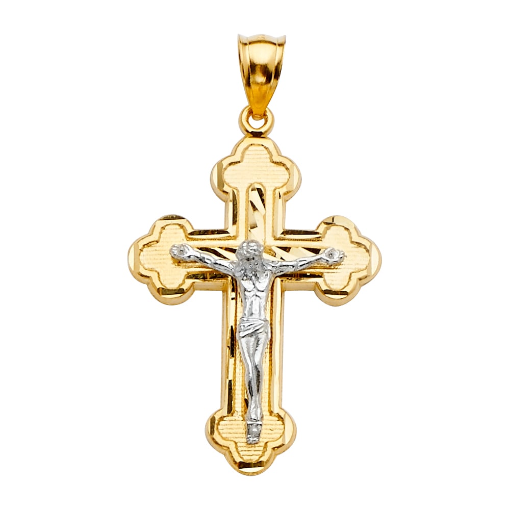 14K 2T CRUCUFIX CROSS PENDANT: 14K 2T Crucufix Cross Pendant Type: Pendant Material Type: 14k Gold Material Color: Two Tone Avg. Weight: 4.35 Gr. Size: Height : 46 mm,Width : 27 mm Accessories: None Notice: When purchas