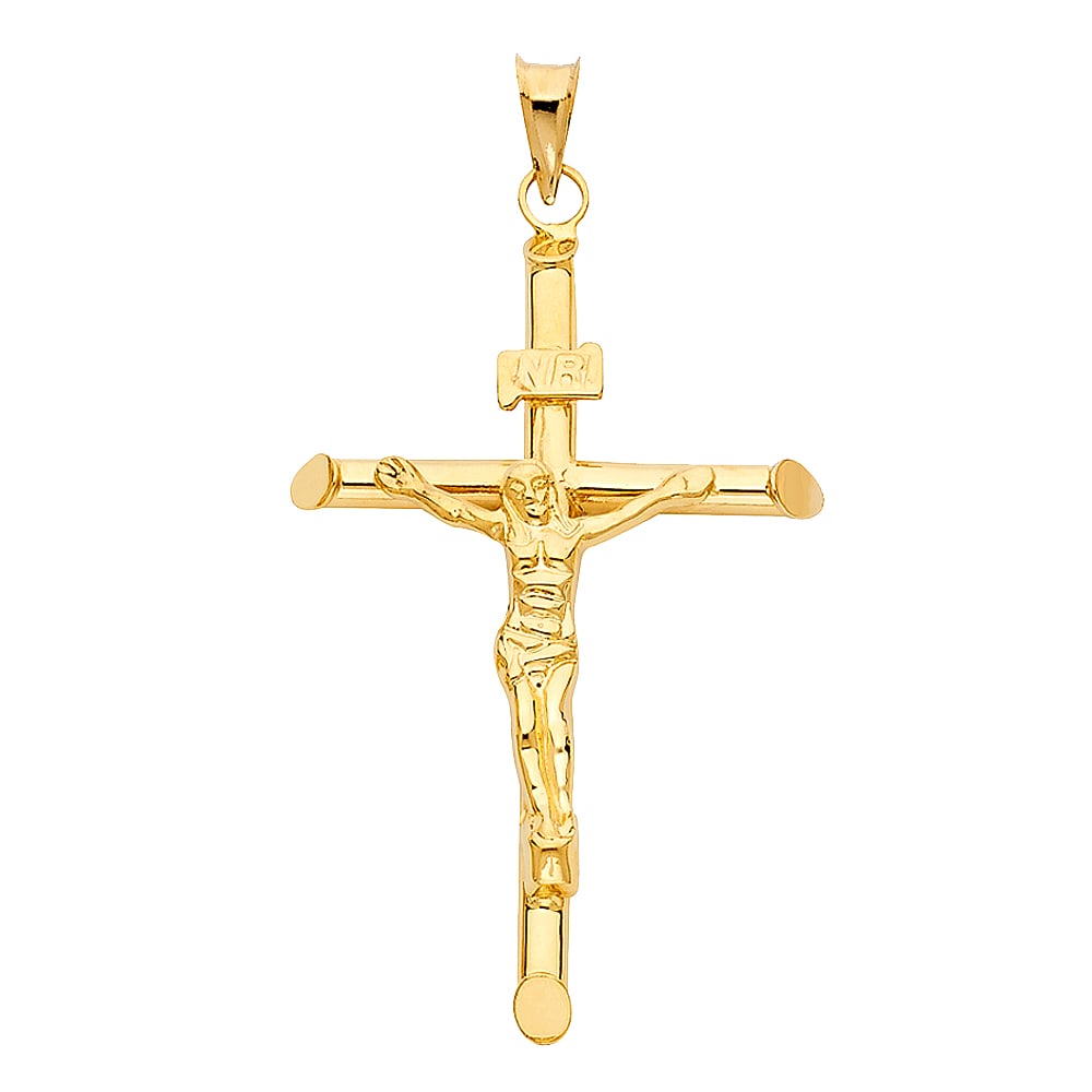 14KY CRUCUFIX PENDANT: 14KY Crucufix Pendant Type: Pendant Material Type: 14k Gold Material Color: Yellow Avg. Weight: 2.37 Gr. Size: Height : 55 mm, Width : 30 mm Accessories: None Notice: When purchasing pre-o