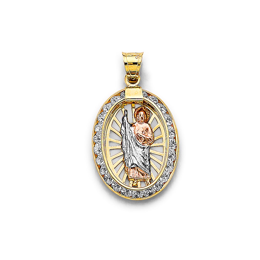 14K 3C CZ OVAL ST. JUDE THADDEUS PENDANT: 14K 3C CZ Oval St. Jude Thaddeus Pendant Type: Pendant Material Type: 14k Gold Material Color: Tri Color Avg. Weight: 1.25 Gr. Size: Height : 25 mm, Width : 13 mm Accessories: None Notice: