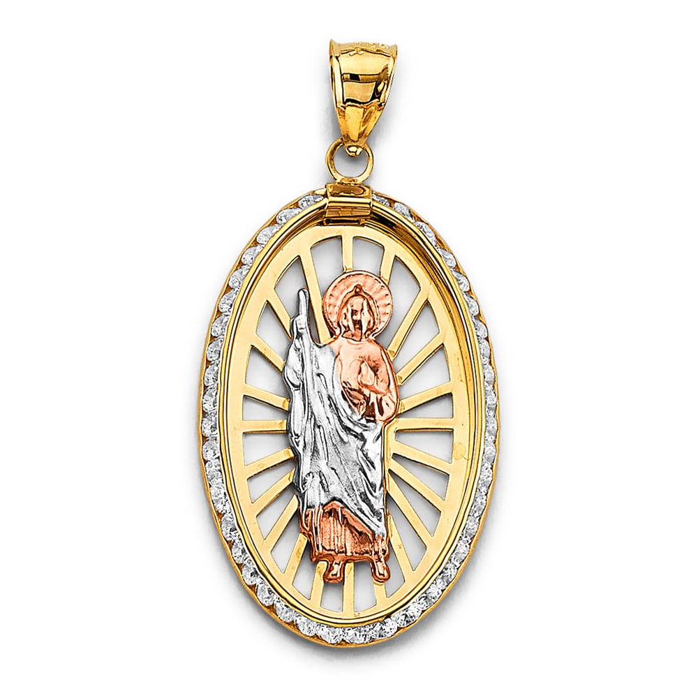 14K 3C CZ OVAL ST. JUDE THADDEUS PENDANT: 14K 3C CZ Oval St. Jude Thaddeus Pendant Type: Pendant Material Type: 14k Gold Material Color: Tri Color Avg. Weight: 2.77 Gr. Size: Height : 40 mm, Width : 20 mm Accessories: None Notice: