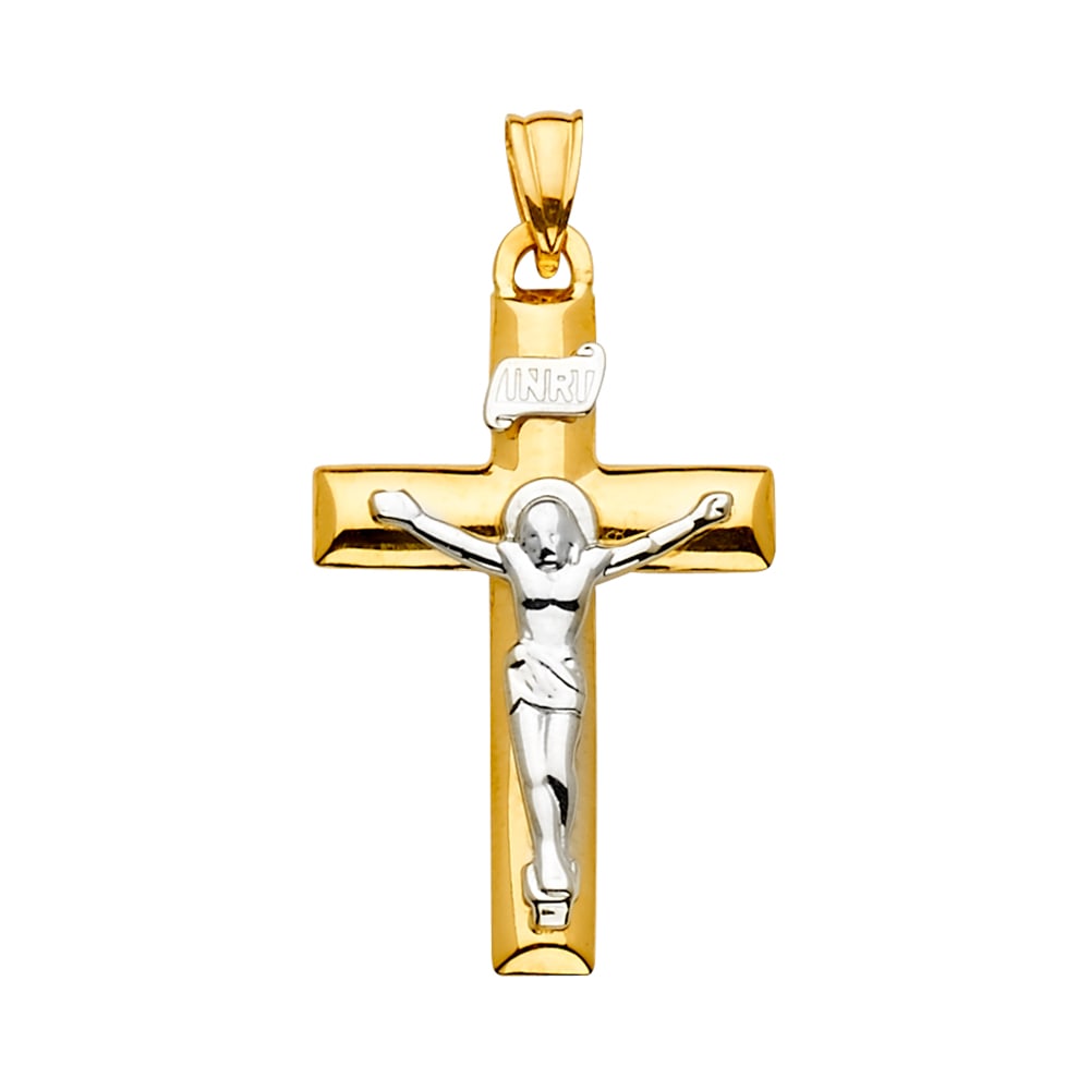 14K 2T CRUCUFIX CROSS PENDANT: 14K 2T Crucufix Cross Pendant Type: Pendant Material Type: 14k Gold Material Color: Two Tone Avg. Weight: 1.57 Gr. Size: Height : 38 mm,Width : 20 mm Accessories: None Notice: When purchas