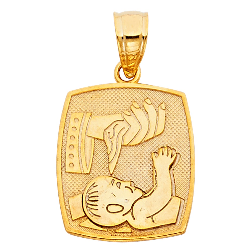 14KY BAPTISM PENDANT: 14KY Baptism Pendant Type: Pendant Material Type: 14k Gold Material Color: Yellow Avg. Weight: 1.93 Gr. Size: Height : 18 mm,Width : 15 mm Accessories: None Notice: When purchasing pre-own