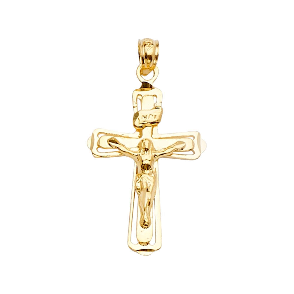 14KY CRUCUFIX CROSS PENDANT: 14KY Crucufix Cross Pendant Type: Pendant Material Type: 14k Gold Material Color: Yellow Avg. Weight: 1.68 Gr. Size: Height : 27 mm,Width : 15 mm Accessories: None Notice: When purchasing