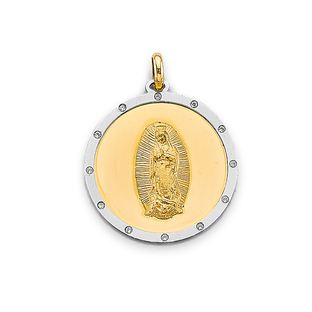 14K 2T RELIGIOUS PENDANT: 14K 2T Religious Pendant Type: Pendant Material Type: 14k Gold Material Color: Two Tone Avg. Weight: 2.16 Gr. Size: Height : 25 mm, Width : 20 mm Accessories: None Notice: When purchasing