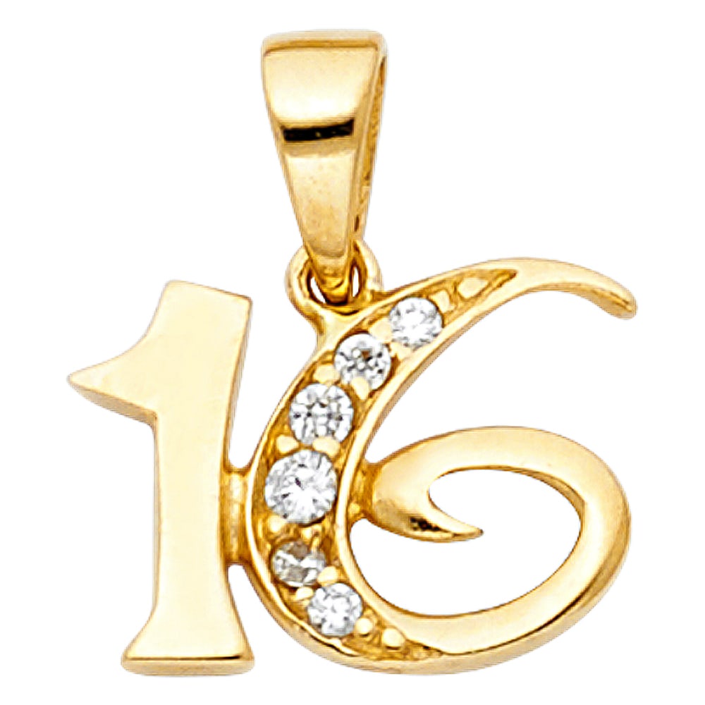 14KY CZ 16 YEARS PENDANT: 14KY CZ 16 Years Pendant Type: Pendant Material Type: 14k Gold Material Color: Yellow Avg. Weight: 0.72 Gr. Size: Height : 10 mm,Width : 14 mm Accessories: None Notice: When purchasing pre