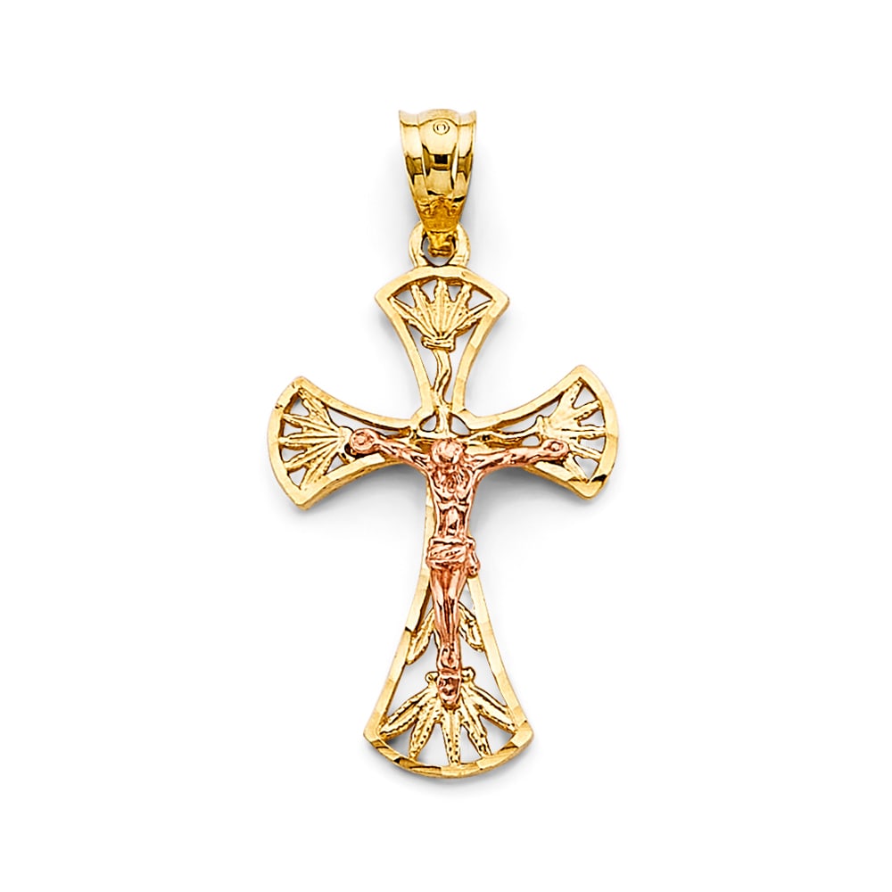 14K 2T CRUCUFIX CROSS PENDANT: 14K 2T Crucufix Cross Pendant Type: Pendant Material Type: 14k Gold Material Color: Two Tone Avg. Weight: 1.56 Gr. Size: Height : 30 mm, Width : 15 mm Accessories: None Notice: When purcha
