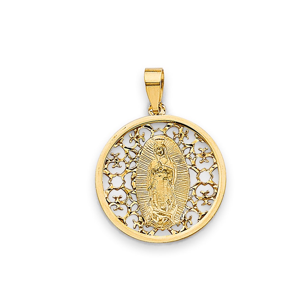 14K 2T RELIGIOUS PENDANT: 14K 2T Religious Pendant Type: Pendant Material Type: 14k Gold Material Color: Two Tone Avg. Weight: 1.28 Gr. Size: Height : 25 mm, Width : 17 mm Accessories: None Notice: When purchasing