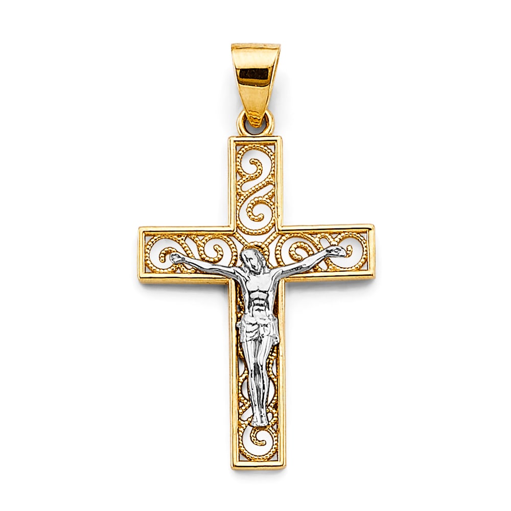 14K 2T CRUCUFIX CROSS PENDANT: 14K 2T Crucufix Cross Pendant Type: Pendant Material Type: 14k Gold Material Color: Two Tone Avg. Weight: 2.12 Gr. Size: Height : 35 mm, Width : 20 mm Accessories: None Notice: When purcha