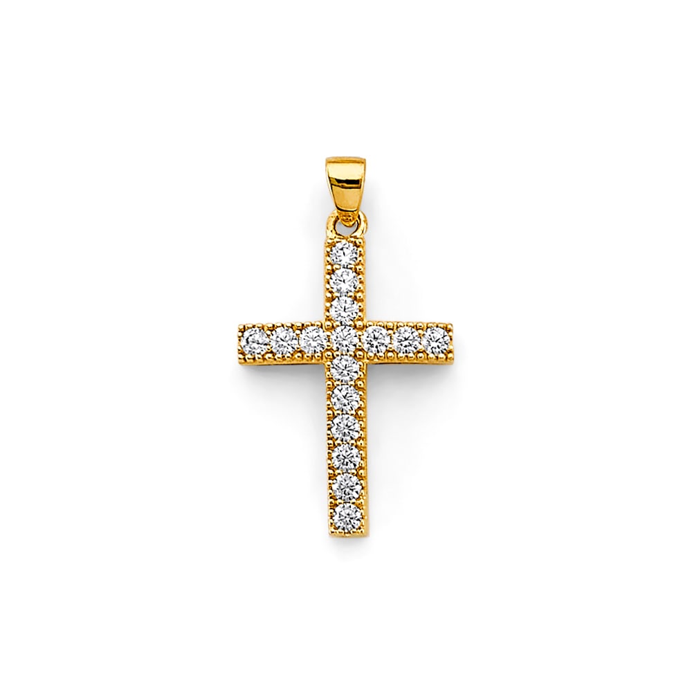 14K 2T CZ CROSS PENDANT: 14K 2T CZ Cross Pendant Type: Pendant Material Type: 14k Gold Material Color: Two Tone Avg. Weight: 1.15 Gr. Size: Height : 23 mm, Width : 13 mm Accessories: None Notice: When purchasing p
