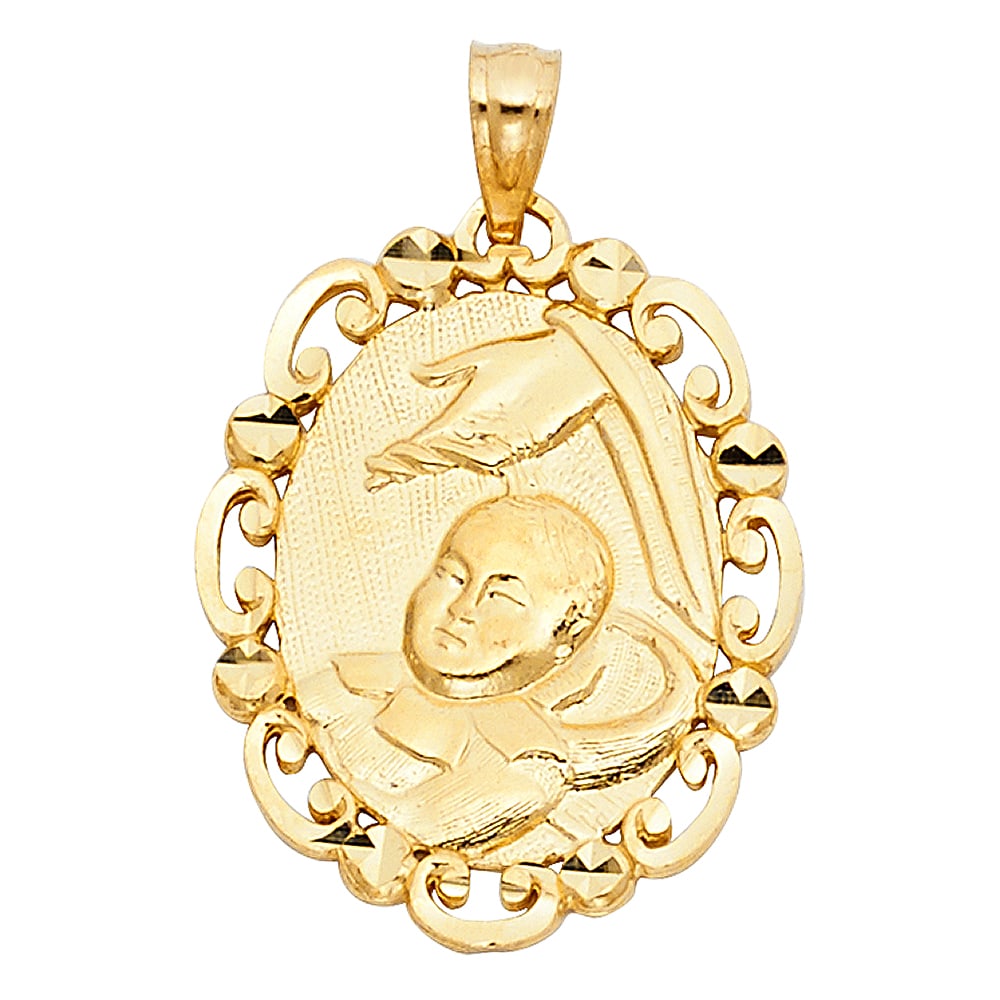 14KY BAPTISM PENDANT: 14KY Baptism Pendant Type: Pendant Material Type: 14k Gold Material Color: Yellow Avg. Weight: 1.84 Gr. Size: Height : 24 mm,Width : 20 mm Accessories: None Notice: When purchasing pre-own