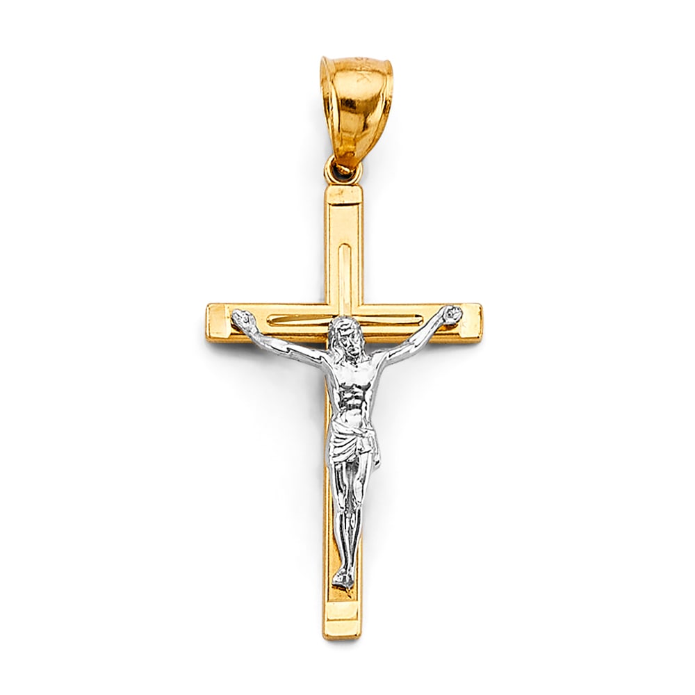 14K 2T CRUCUFIX CROSS PENDANT: 14K 2T Crucufix Cross Pendant Type: Pendant Material Type: 14k Gold Material Color: Two Tone Avg. Weight: 1.97 Gr. Size: Height : 40 mm, Width : 18 mm Accessories: None Notice: When purcha