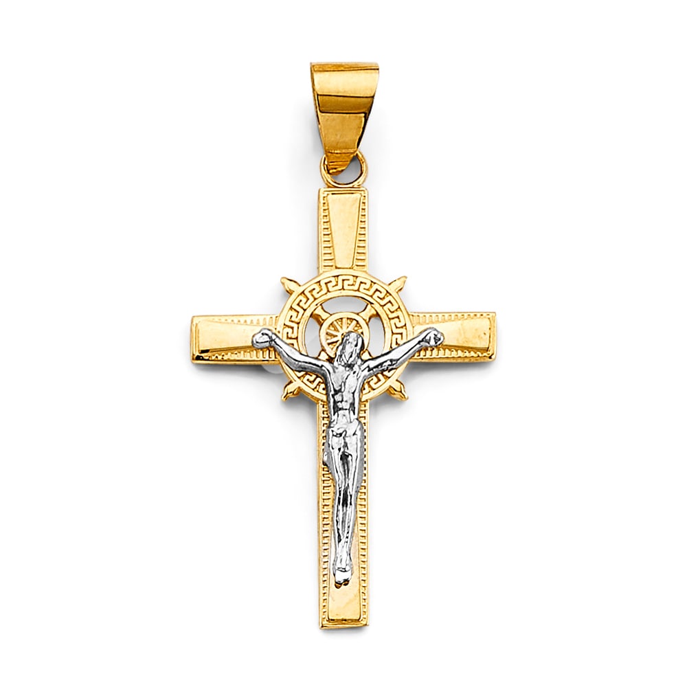 14K 2T CRUCUFIX CROSS PENDANT: 14K 2T Crucufix Cross Pendant Type: Pendant Material Type: 14k Gold Material Color: Two Tone Avg. Weight: 1.86 Gr. Size: Height : 35 mm, Width : 18 mm Accessories: None Notice: When purcha