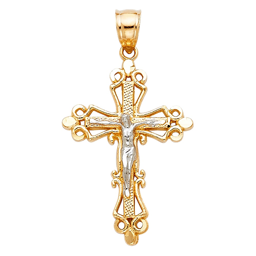 14K 2T FANCY CRUCUFIX PENDANT: 14K 2T Fancy Crucufix Pendant Type: Pendant Material Type: 14k Gold Material Color: Two Tone Avg. Weight: 1.56 Gr. Size: Height : 28 mm Width : 20 mm Accessories: None Notice: When purchas