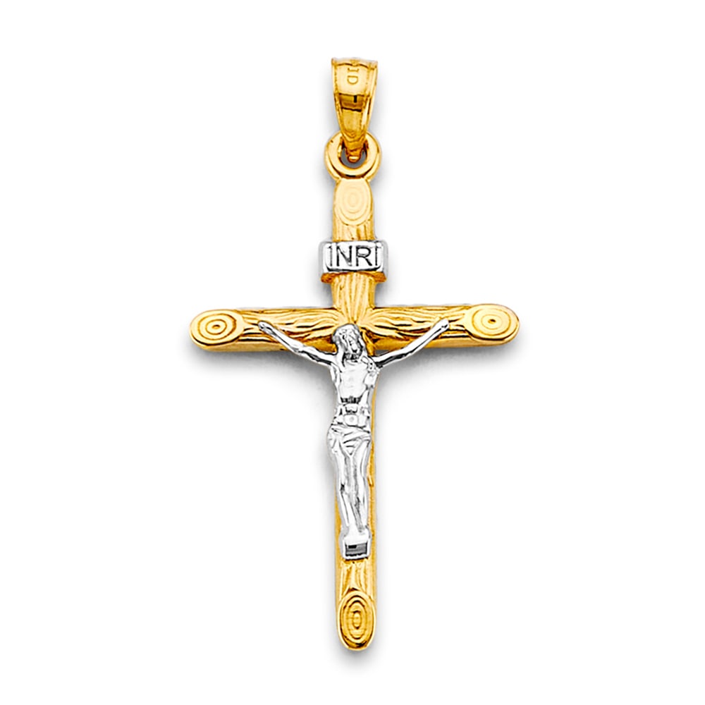 14K 2T CRUCUFIX CROSS PENDANT: 14K 2T Crucufix Cross Pendant Type: Pendant Material Type: 14k Gold Material Color: Two Tone Avg. Weight: 0.95 Gr. Size: Height : 35 mm, Width : 20 mm Accessories: None Notice: When purcha