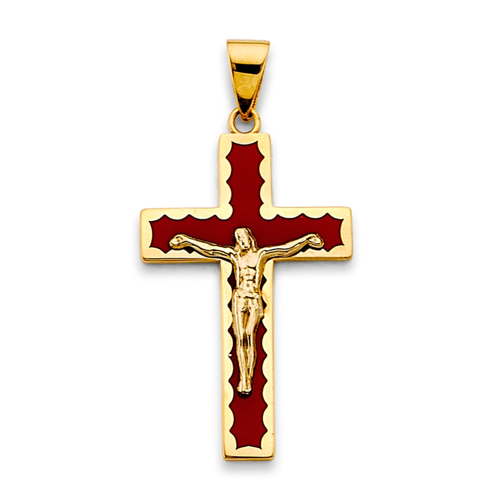 14KY ENAMEL CROSS PENDANT: 14KY Enamel Cross Pendant Type: Pendant Material Type: 14k Gold Material Color: Yellow Avg. Weight: 2.44 Gr. Size: Height : 40 mm, Width : 20 mm Accessories: None Notice: When purchasing p