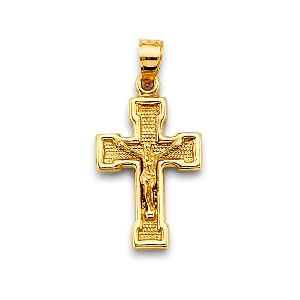 14KY CRUCUFIX CROSS PENDANT: 14KY Crucufix Cross Pendant Type: Pendant Material Type: 14k Gold Material Color: Yellow Avg. Weight: 1.14 Gr. Size: Height : 30 mm, Width : 15 mm Accessories: None Notice: When purchasing