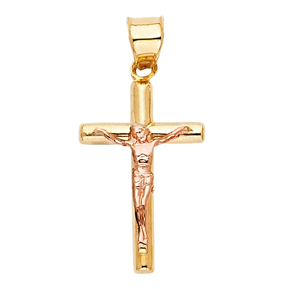 14K 2T CRUCUFIX PENDANT: 14K 2T Crucufix Pendant Type: Pendant Material Type: 14k Gold Material Color: two Tone Avg. Weight: 0.53 Gr. Size: Height : 20 mm, Width : 12 mm Accessories: None Notice: When purchasing p