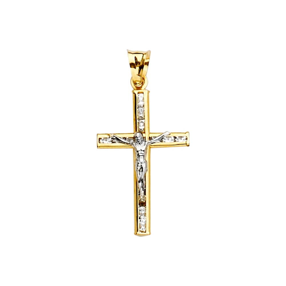 14K 2T CZ CRUCUFIX CROSS PENDANT: 14K 2T CZ Crucufix Cross Pendant Type: Pendant Material Type: 14k Gold Material Color: Two Tone Avg. Weight: 0.65 Gr. Size: Height : 27 mm,Width : 14 mm Accessories: None Notice: When purc