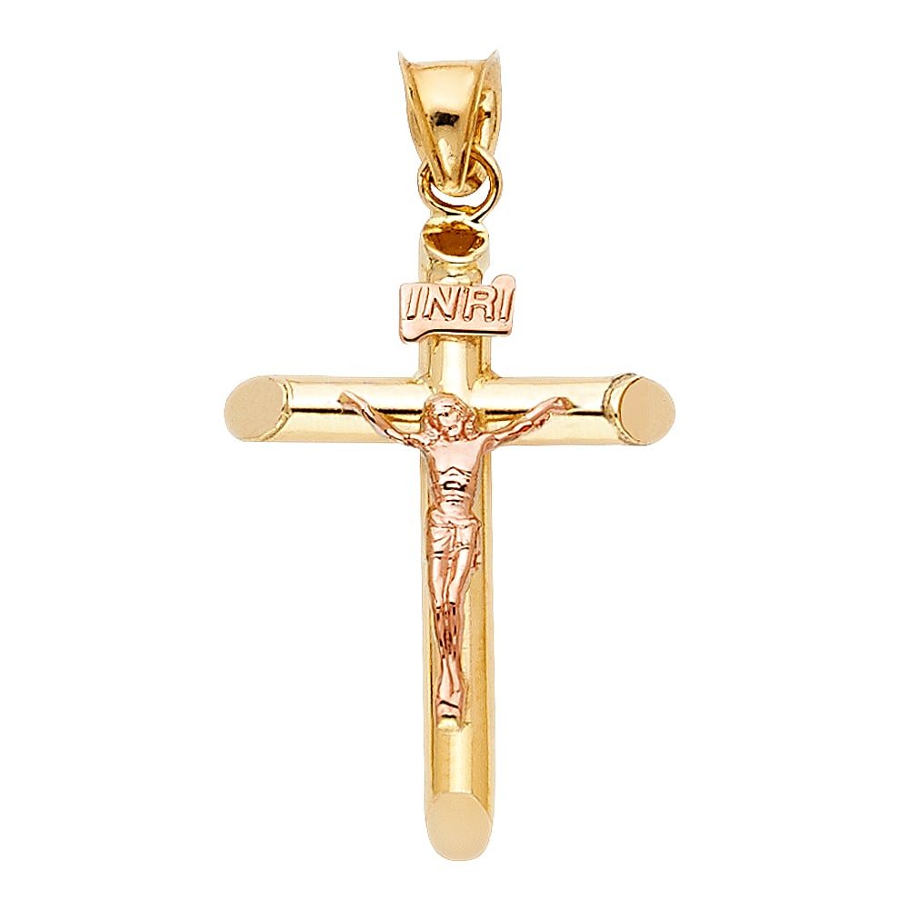 14K 2T CRUCUFIX PENDANT: 14K 2T Crucufix Pendant Type: Pendant Material Type: 14k Gold Material Color: two Tone Avg. Weight: 1.02 Gr. Size: Height : 35 mm, Width : 15 mm Accessories: None Notice: When purchasing pre-owned