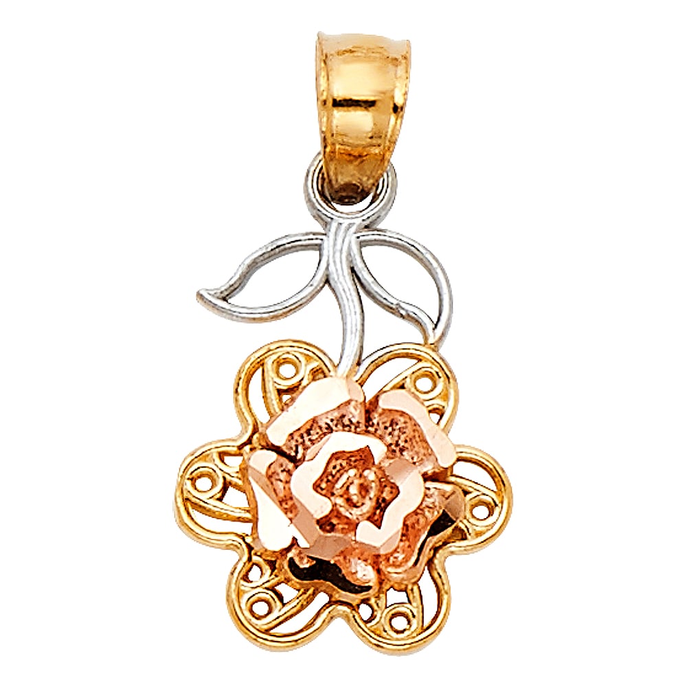 14K 2T ROSE PENDANT: 14K 2T Rose Pendant Type: Pendant Material Type: 14k Gold Material Color: Two Tone Avg. Weight: 1.07 Gr. Size: Height : 20 mm,Width : 10 mm Accessories: None Notice: When purchasing pre-ow