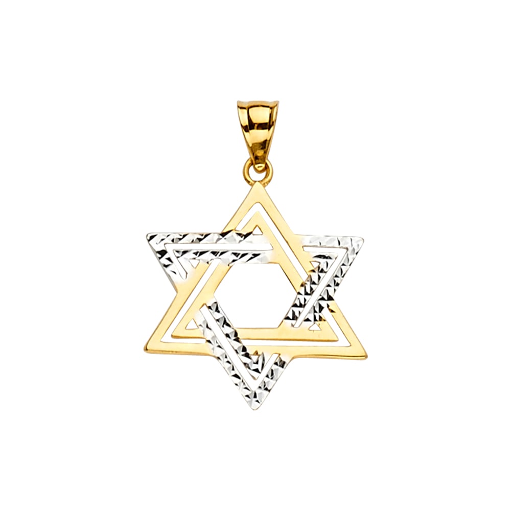 14K 2T STAR OF DAVID PENDANT: 14K 2T Star of David Pendant Type: Pendant Material Type: 14k Gold Material Color: Two Tone Avg. Weight: 1.08 Gr. Size: Height : 26 mm,Width : 17 mm Accessories: None Notice: When purchasi