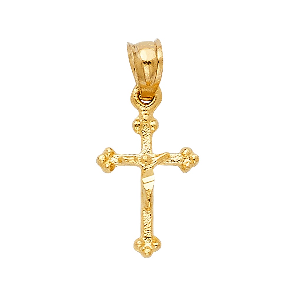 14KY FANCY TINY CRUCUFIX PENDANT: 14KY Fancy Tiny Crucufix Pendant Type: Pendant Material Type: 14k Gold Material Color: Yellow Avg. Weight: 0.61 Gr. Size: Height : 13 mm Width : 9 mm Accessories: None Notice: When purchas