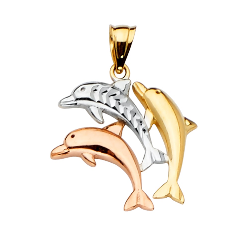 14K 3C DOLPHIN PENDANT: 14K 3C Dolphin Pendant Type: Pendant Material Type: 14k Gold Material Color: Yellow Avg. Weight: 1.56 Gr. Size: Height : 25 mm,Width : 17 mm Accessories: None Notice: When purchasing pre-o