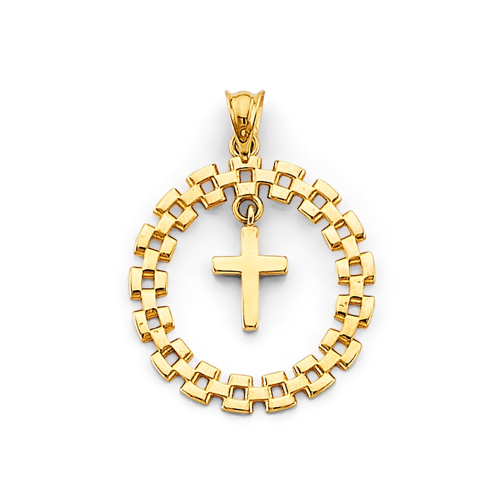 14KY ROUND LINK WITH CROSS PENDANT: 14KY Round Link with Cross Pendant Type: Pendant Material Type: 14k Gold Material Color: Yellow Avg. Weight: 1.45 Gr. Size: Height : 28 mm, Width : 20 mm Accessories: None Notice: When pur