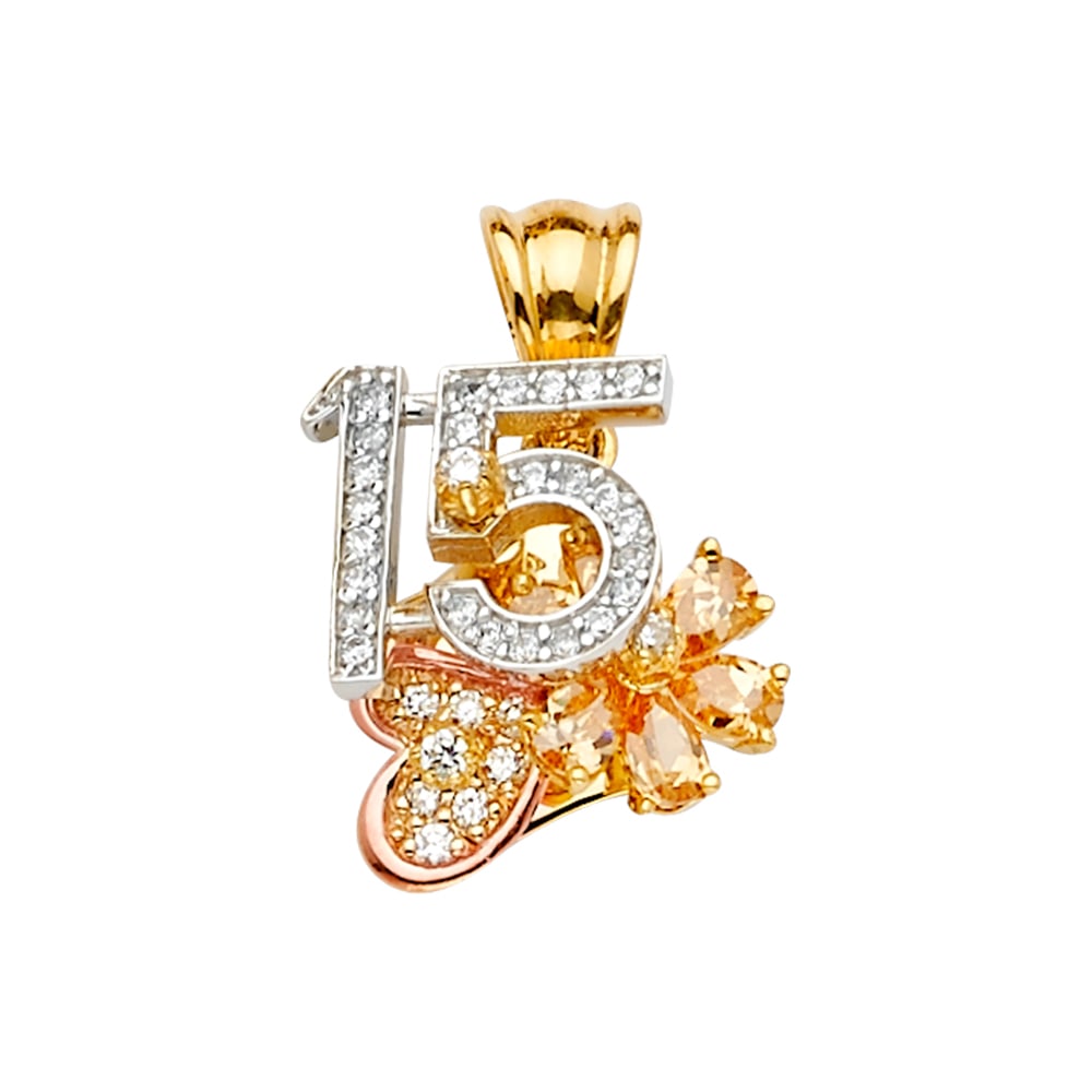 14K 2T CZ 15 YEARS MOTION PENDANT/HALF SET: 14K 2T CZ 15 Years Motion Pendant/Half Set Type: Pendant Material Type: 14k Gold Material Color: Two Tone Avg. Weight: 5.5 Gr. Size: Height : 21 mm, Width : 16 mm Accessories: None Notice: