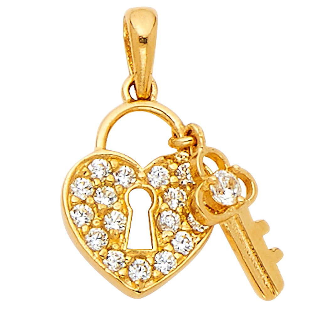 14KY CZ LOCK PENDANT: 14KY CZ Lock Pendant Type: Pendant Material Type: 14k Gold Material Color: Yellow Avg. Weight: 0.79 Gr. Size: Height : 17.5 mm,Width : 12.5 mm Accessories: None Notice: When purchasing pre