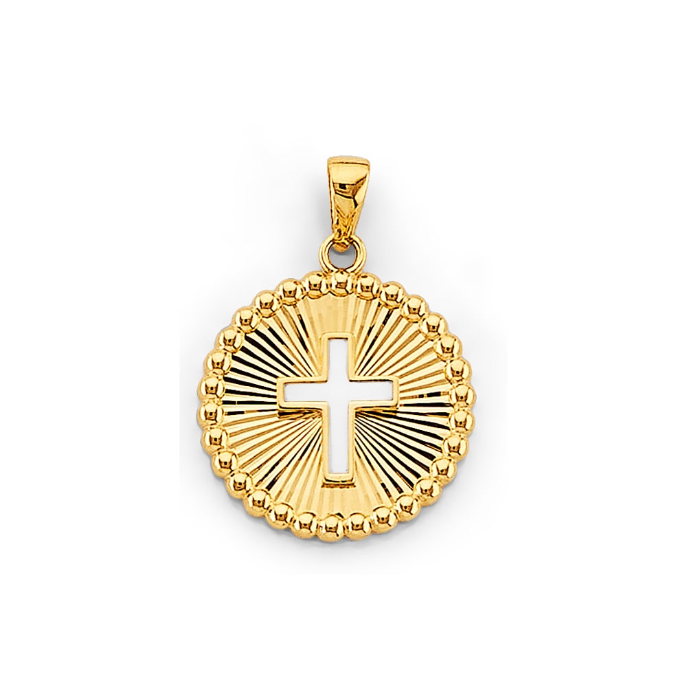 14KY ROUND FRAME WITH CROSS PENDANT: 14KY Round Frame with Cross Pendant Type: Pendant Material Type: 14k Gold Material Color: Yellow Avg. Weight: 1.59 Gr. Size: Height : 25 mm, Width : 17 mm Accessories: None Notice: When pu