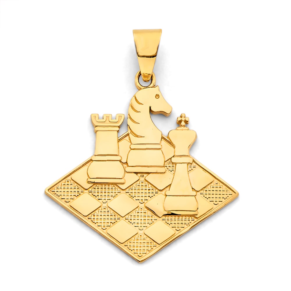 14KY CHESS PENDANT: 14KY Chess Pendant Type: Pendant Material Type: 14k Gold Material Color: Yellow Avg. Weight: 3.18 Gr. Size: Height : 35 mm, Width : 28 mm Accessories: None Notice: When purchasing pre-owne