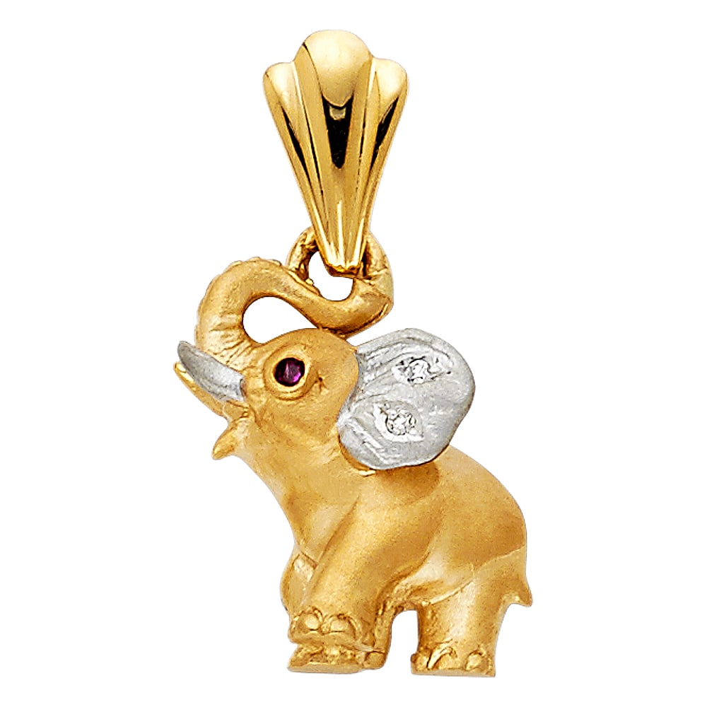 14K 2T CZ ELEPHANT PENDANT: 14K 2T CZ Elephant Pendant Type: Pendant Material Type: 14k Gold Material Color: Two Tone Avg. Weight: 2.78 Gr. Size: Height : 17 mm Width : 14 mm Accessories: None Notice: When purchasing