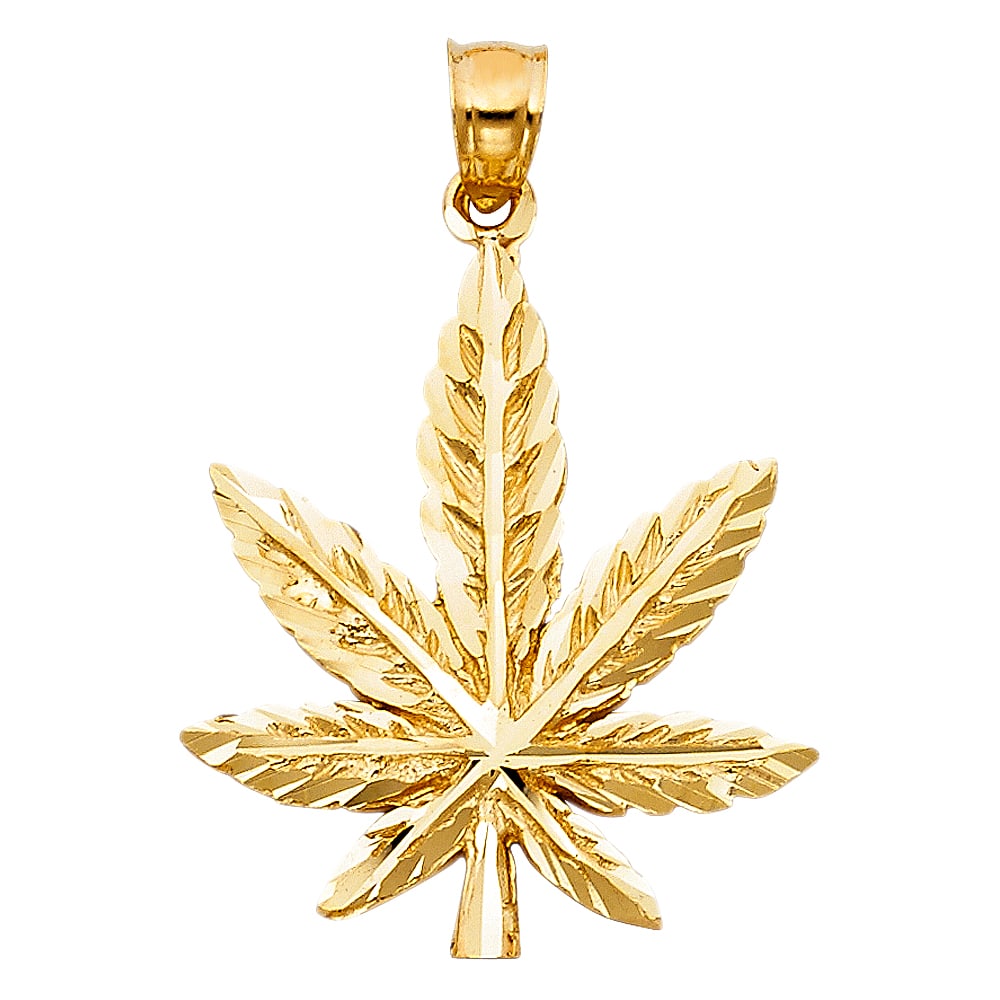 14KY MARIJUANA LEAF PENDANT: 14KY Marijuana Leaf Pendant Type: Pendant Material Type: 14k Gold Material Color: Yellow Avg. Weight: 3.28 Gr. Size: Height : 27 mm Width : 24 mm Accessories: None Notice: When purchasing