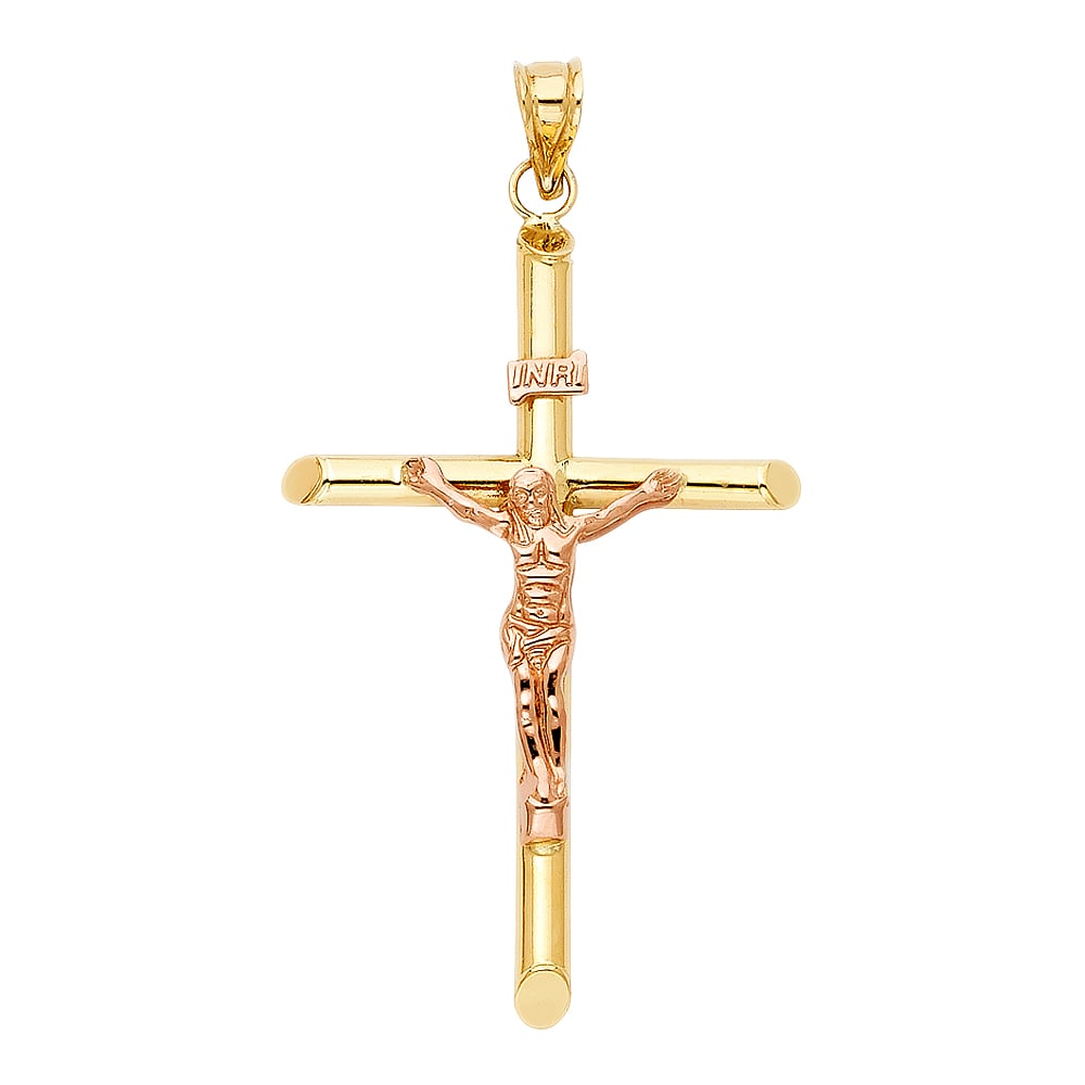 14K 2T CRUCUFIX PENDANT: 14K 2T Crucufix Pendant Type: Pendant Material Type: 14k Gold Material Color: two Tone Avg. Weight: 3.05 Gr. Size: Height : 60 mm, Width : 35 mm Accessories: None Notice: When purchasing p